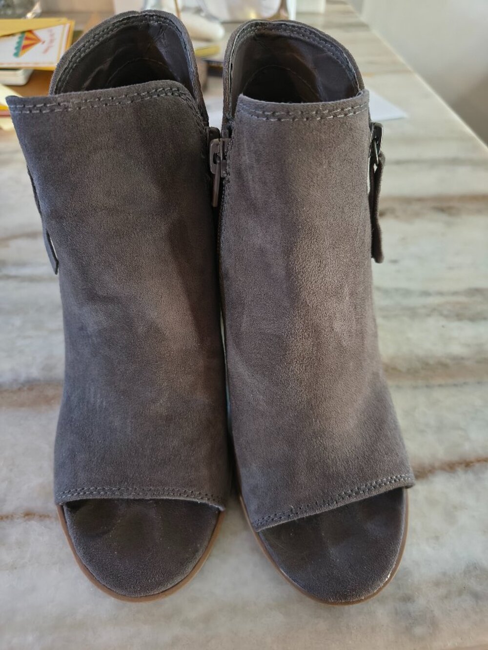Gray suede women's Open toe booties size 7 and 1/2